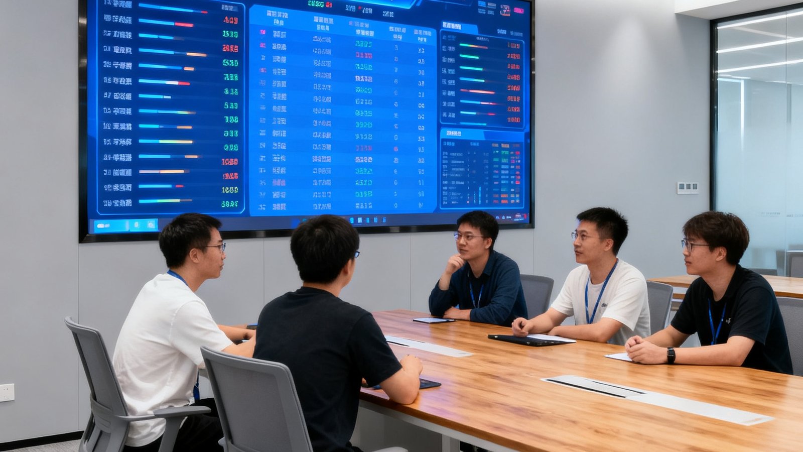 柠檬直播深圳总部办公室内景，开放式办公区域中研发团队正在协作讨论，墙面上悬挂着大型赛事直播数据监控屏幕，显示全球比分更新状态。