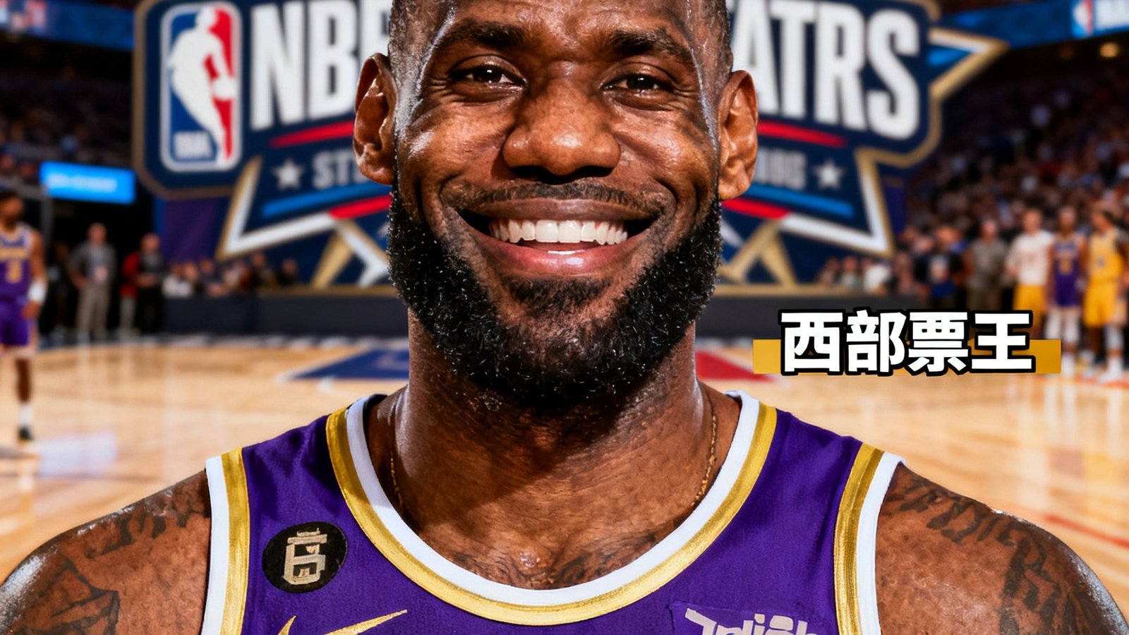 NBA全明星赛票选结果公布，詹姆斯再次当选西部票王，照片中他身穿湖人队服面带微笑。